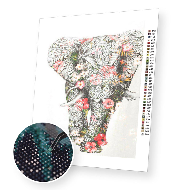 Elephant In Flowers premium diamond painting kit for adults